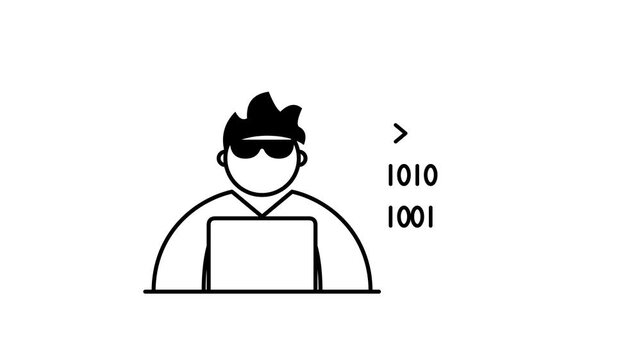 Hacker typing on laptop motion graphics video loop on white background