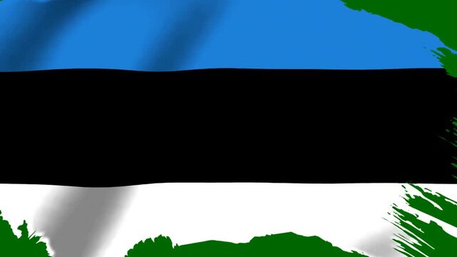 Waving national flag of Estonia with artistic green brush stroke border