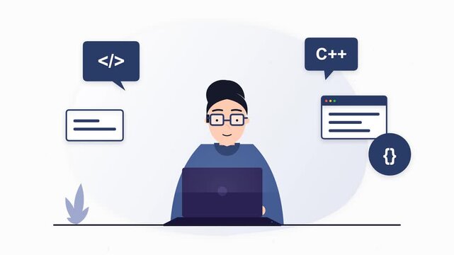 Software developer coding on laptop with programming icons motion graphics video clip