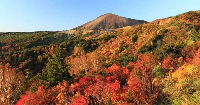 磐梯吾妻スカイラインの紅葉と朝の小吾妻富士