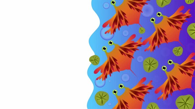 orange manta rays swimming along green aquatic lily edge