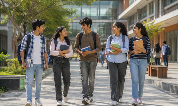 Group of College Students Walking Together on University Campus with Books and Backpacks