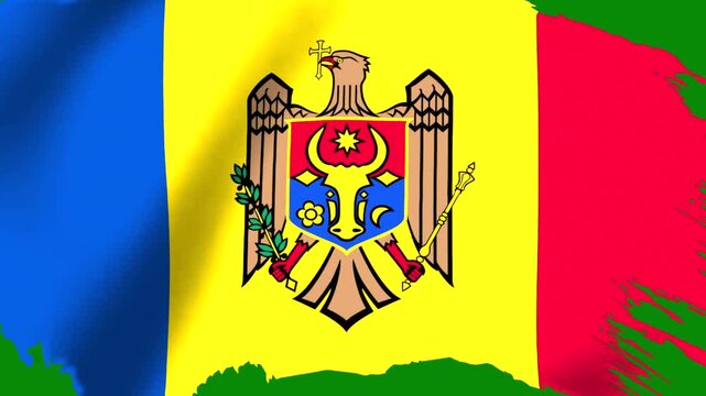 Waving national flag of Moldova featuring the vertical tricolor blue yellow and red with national coat of arms