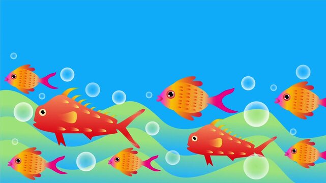 orange fish swimming with bubbles above green ocean floor