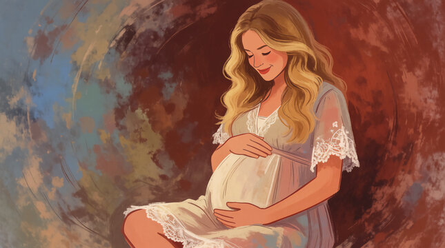 ​A soft, warm digital painting of a smiling blonde pregnant woman in a lace dress lovingly cradling her belly against a textured abstract background.