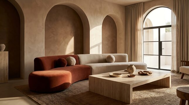 Modern minimalist living room interior with curved sofa and arched wall design in warm earthy tones