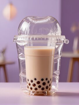 A beautiful milk tea cup recreated as a transparent inflatable plastic sculpture, rounded cup with translucent creamy tea, soft inflated lid and a few translucent tapioca pearls