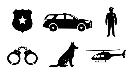 Police Icons Set: Law Enforcement Officer, Patrol Car, K9 Dog, Helicopter, Handcuffs, Badge © Kabita