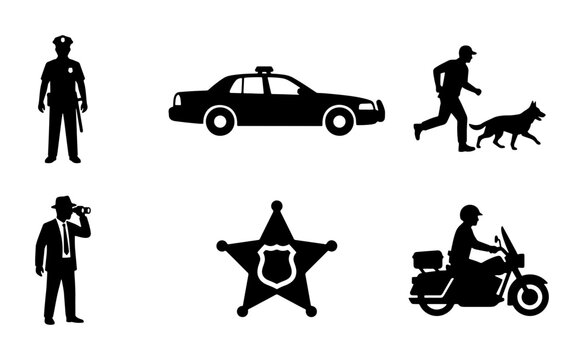 Police Icons Set: Officer, K9 Unit, Patrol Car, Detective, Badge, Motorcycle Officer