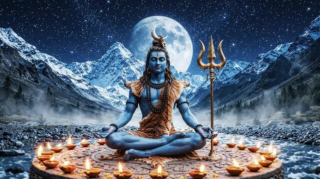 Lord Shiva Meditation with Diwali Lights, Mountains, and Moon A Celebration of Navratri, Vijayadashami DussehraMaha Shivaratri, Arudra Darshan, Pradosh Vrat Sawan Somvar Bhairava Ashtami Lingodbhava S