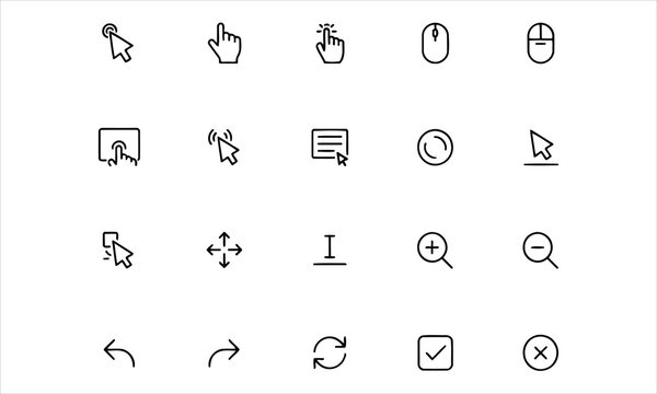 Set outline icons related to click, cursor. Linear icon collection. Editable stroke. Vector illustration