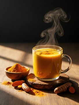 Hot turmeric tea in glass mug with steam rising. Spices powder in wooden bowl, fresh turmeric roots on table. Healthy golden milk drink for wellness, immunity, ayurveda lifestyle. Organic herbal