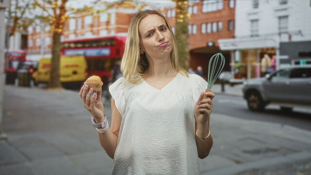 Woman holding muffin in one hand and a whisk in the other, neutral to unimpressed expression, standing on a city street with buses and storefronts; skepticism.