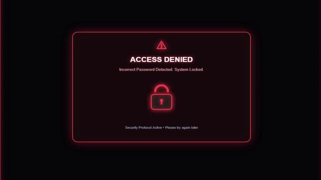 Glowing red cyber lockout access denied warning interface with glitch text effect and system locked message against a dark background motion graphic loop