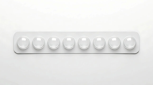 A single row of round white medical pills in a plastic blister pack strip.