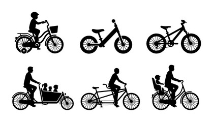 Naklejka premium Diverse Bicycle Silhouettes: Family Cycling, Kids Bikes, Tandem, Cargo Bike Vector Icons