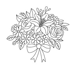 Fototapeta premium A hand-drawn bouquet of flowers with roses, lilies, and daisies tied together with a decorative ribbon