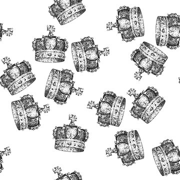 seamless pattern gold crown king hand drawn. princess dom, symbol corona, emblem monarchy gold crown king black sketch illustration