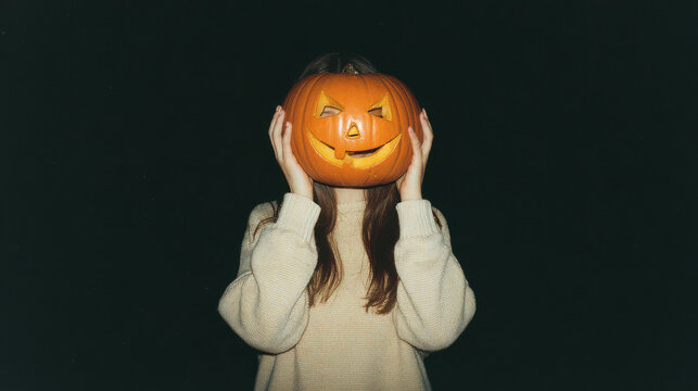 Vintage flash aesthetic halloween portrait of person holding carved pumpkin jack o lantern over their face