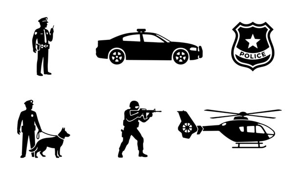 Police Icons: Officer, K9 Unit, Patrol Car, SWAT, Helicopter, Badge, Law Enforcement Set