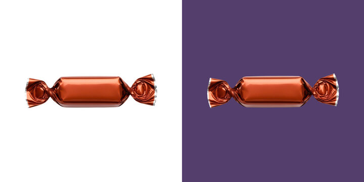 Shiny copper metallic wrapped candy bar in simple food photography style png