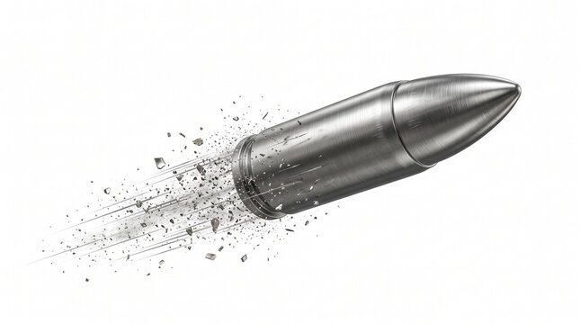 Metallic silver bullet flying with motion trail, high speed projectile in mid-air, shiny lead bullet with debris on white background