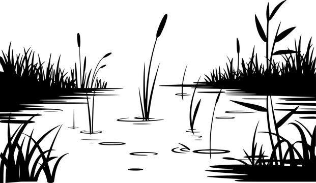 A minimalist black and white silhouette of a peaceful marsh landscape with reeds and calm water