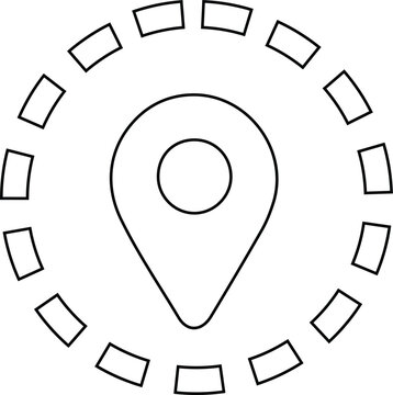 Geo fence location pin outline icon with dashed perimeter circle, vector graphic, editable stroke