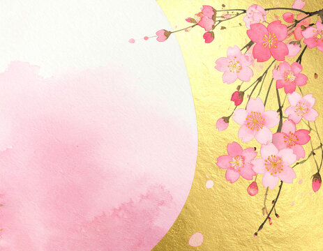 満開の桜の花と金箔調の和風背景　春のお祝いやメッセージカードに利用できるコピースペース付きの華やかな水彩画風デザイン素材　卒業や入学の案内状に適した上品で優雅な和紙のようなテクスチャのイラスト