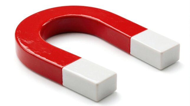 Red horseshoe magnet with white ends isolated on white background. Shiny object shows magnetic attraction concept. Study physics, attract metal, study science.