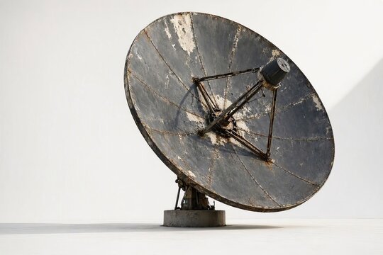 A large old and eerie-looking satellite dish against a white background