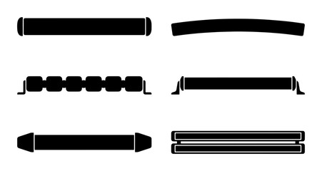 Fototapeta premium Set of 6 Black Vector Icons: Cylinders, Tubes, and Rods, Industrial Elements