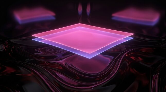 Vibrant neon squares hover over a reflective fluid surface, creating a futuristic ambiance.