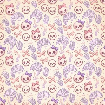 Cute pastel goth skeleton seamless pattern featuring skulls with bows and ribcages for aesthetic halloween textile design.