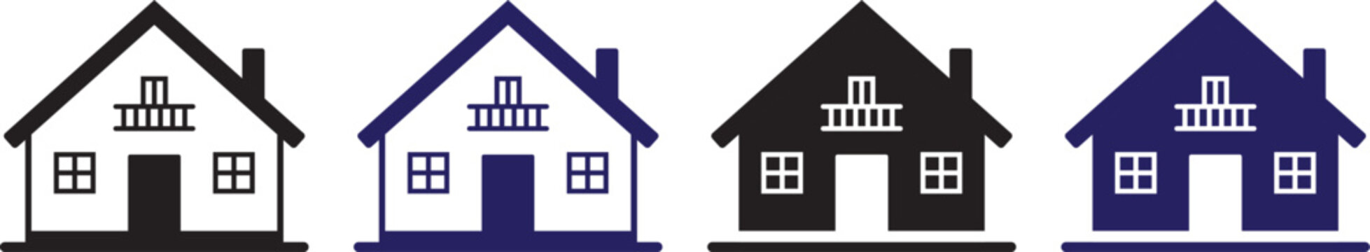 House icon set with different architectural styles, black and blue residential buildings line art and silhouettes. Real estate vector icons set, residential houses with balcony and dormer windows