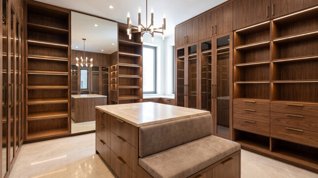 Luxury walk in closet with dark wood wardrobes central island with bench and chandelier lighting
