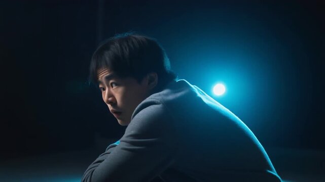 恐怖を感じてうずくまり肩越しに振り返る人のドラマチックな表現