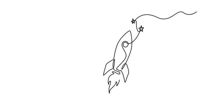 Rocket continuous one line drawing animation. Spaceship concept animation minimalism style, One continuous editable line drawing of a retro spaceship flying. Full length single line animation, Rocket.