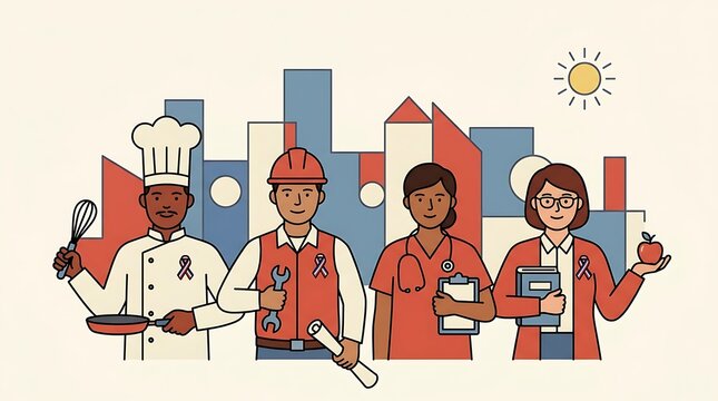 Diverse Community of Essential Professionals and City Workers United by Red Ribbons in a Modern Urban Landscape Illustration