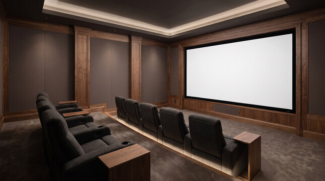 Luxury home theater interior with large blank projection screen black leather seats and wooden wall panels