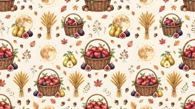 Autumn harvest fruit basket seamless pattern