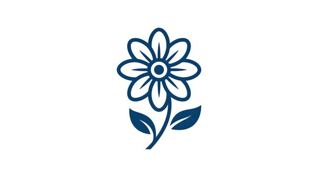 Minimalist blue flower icon with stem and leaves isolated on a white background, perfect for vector illustration or simple floral logo design.