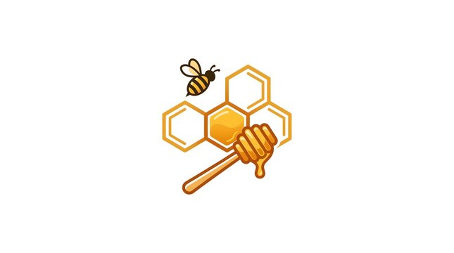 Vector illustration of a golden honeycomb with a honey dipper and a small flying bee, perfect for organic food branding or honey product logos.
