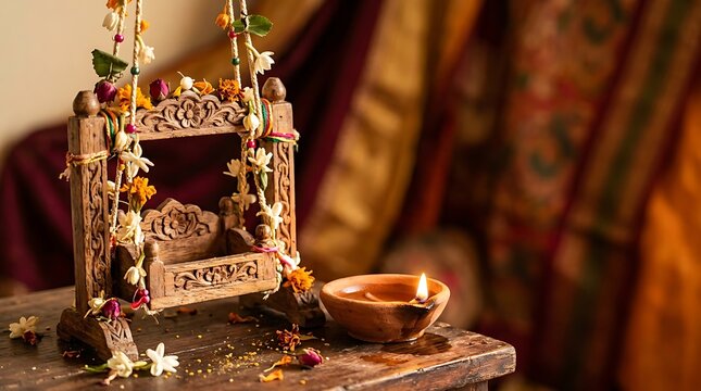 Traditional Indian wooden swing jhula decorated with flowers and a burning diya lamp for Janmashtami festival