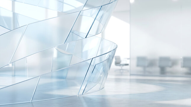 Modern office interior with a striking glass sculpture and meeting room in background.