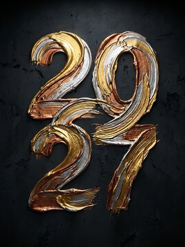 The year 2027 written in metallic gold and silver thick oil paint texture
