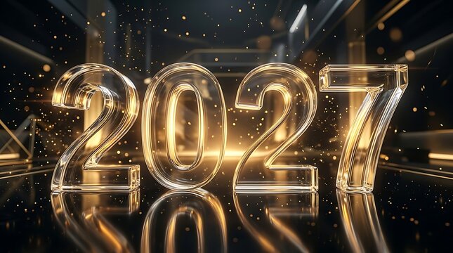 Three dimensional glass text showing the year 2027 with gold glowing particles and luxury lighting background