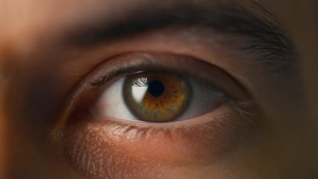 ゴツゴツした肌の質感とわずかな潤いを持つ男性のヘーゼル色の目のクローズアップ