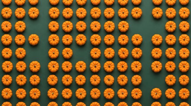 Pattern of small orange pumpkins on green background