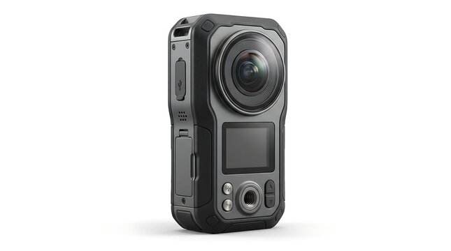 Black 360 degree action camera on white background.